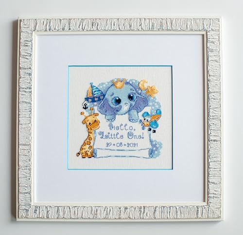 Image of RIOLIS - Hello, Little One! (for a boy) 1935, Cross Stitch Kits 6 inchx6 inch, Cross Stitch Kits for Beginners & Advanced, Crossstitching Kit, Embroidery Counted Stitching Kit, Boy Birth Record Announcement