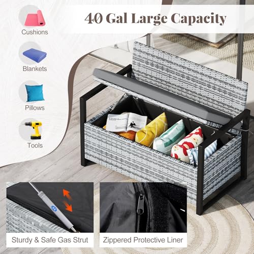 Image of Tangkula 40 Gallon Outdoor Bench with Storage, Patio Wicker Storage Bench with Cushion, Cover, Metal Frame, Deck Box Seat for Backyard, Poolside, Balcony, Garden