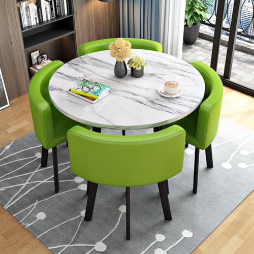 Image of Round Faux Marble Reception Table and Chairs Set, Dining Table Set for 4, Space Saving Reception Desk for Home and Apartment, Office, Conference Room, Lounge