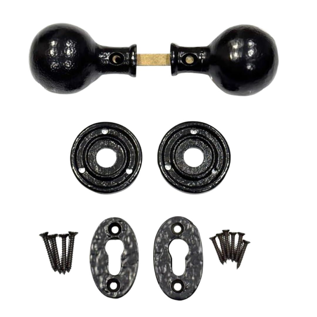 SCORPIO HARDWARE Door Knobs Black Round Oval Octagonal Cast Iron Antique Tudor Rim or Mortice (Round Knob)