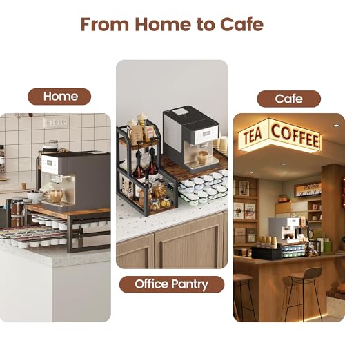 Image of Homeiju K Cup Organizer for Countertop,Holds 60 K-Cups & 10 Syrup Bottles | Coffee Station Organizer with Coffee Pod Holder, Pull-Out Drawer with Anti-Slide Lock, Side Basket & Syrup Rack, Rustic Brown