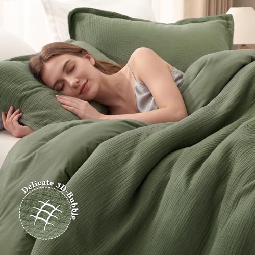 Image of David's Home Cotton Muslin Comforter Set Twin Size, 100% Cotton Cover Ultra-Soft Breathable Skin-Friendly for Spring Summer, 2PCS Linen Like Gauze Bedding Set with Polyester Filling, Olive Green