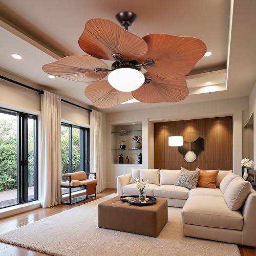 DWVO 46" Tropical Ceiling Fan with Light & Remote, LED Tri-Color Temperature, 5 Blade Ceiling Fans Reversible 6 Speeds w/Quiet DC Motor, 6'' & 12'' Downrods for Bedroom, Living Room, Patio, Porches