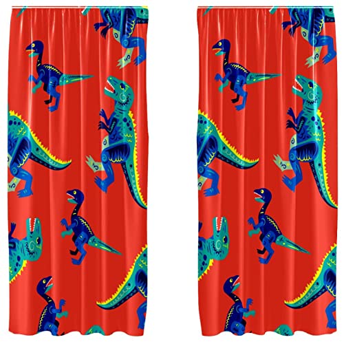 Cortinas opacas de microfibra con estampado de dinosaurio rojo en set de dos paneles 2