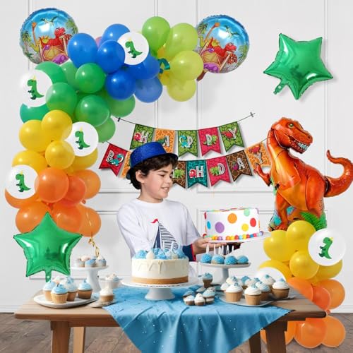 Image of Party Propz Dinosaur Themed Birthday Decorations- 63pcs Dinosaur Birthday Theme Decoration Items For Kids, Birthday Decoration Kit, Dinosaur Foil Balloons For Kids (Cardstock, Foil, Latex)