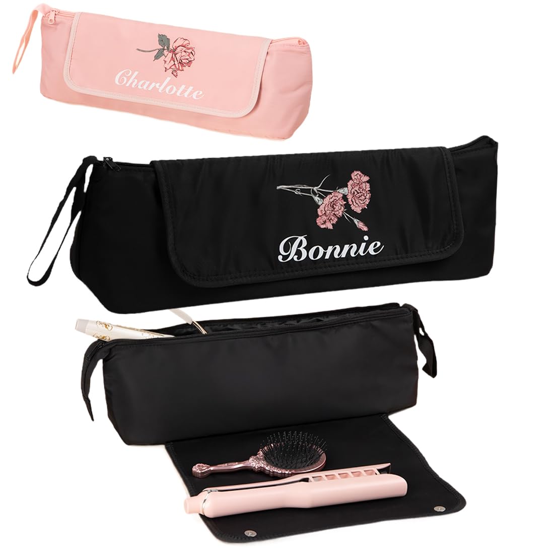 Custom Hair Tools Travel Bag with Name Birth Flower Hair Tool Travel Bag with Heat Resistant Mat Personalized Hair Tool Travel Organizer Curling Iron Flat Iron Travel Bag for Hair Accessories