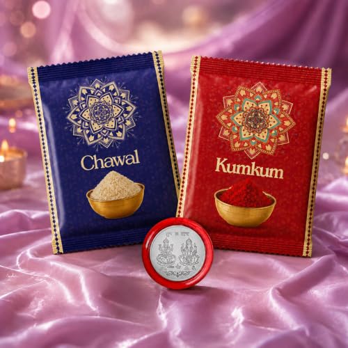 Image of DeoDap Rakhi with Chocolate for Brother - Golden Color Stylish Rakhi 2 Pcs with Almond Chocolate (32g) with Silver Color Pooja Coin, Greeting Card & Tilak Set - Raksha Bandhan Pack (K2 544+543 CA32)