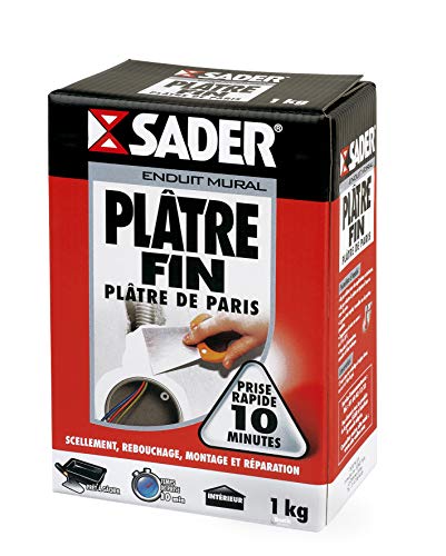 Sader - Plâtre Fin de Paris - Scellement, Rebouchage, Montage et Réparation - Tous Supports - Intérieur - Prise Rapide 10 Minutes - 1 Boîte Carton 1 kg, Blanc