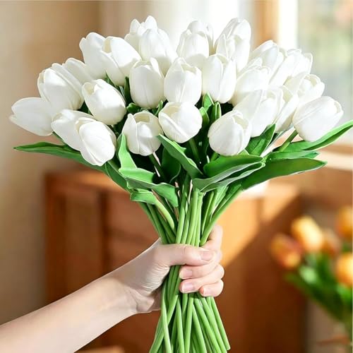 Image of 20Pcs Stems 13.5 Inch White PU Artificial Moisturizing Tulips, Faux White Tulips Flowers for Thanksgiving Christmas Decorations Wedding Home Table Vase Floral Arrangements
