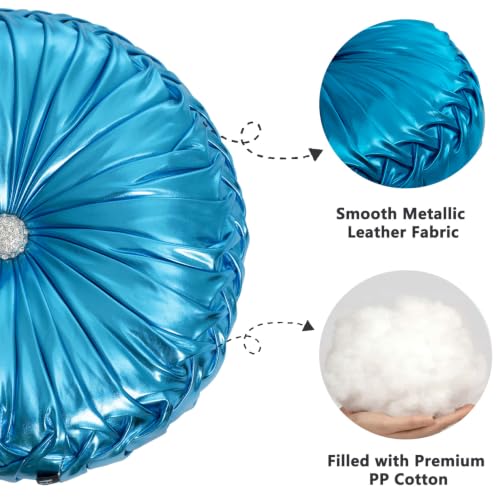 Image of HIG Set of 2 Blue Metallic Leather Decorative Round Pleated Throw Pillows