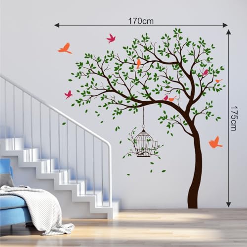 Image of Rawpockets Tree with Birds and Cage Self Adhesive Wall Sticker (Dark Green)-Vinyl