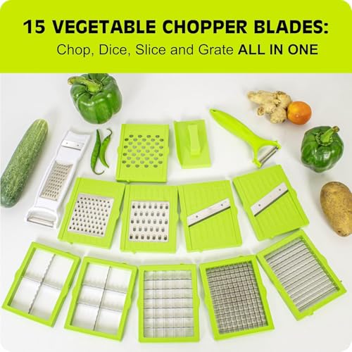 Image of Tekcool 15 in 1 Multipurpose Chopper, Fruits & Vegetable Cutters, Grater Peeler Chipser, Unbreakable Food Grade Body, Easy Push to Clean Button Slicer Dicer, Chopper for Kitchen (Green, Plastic)