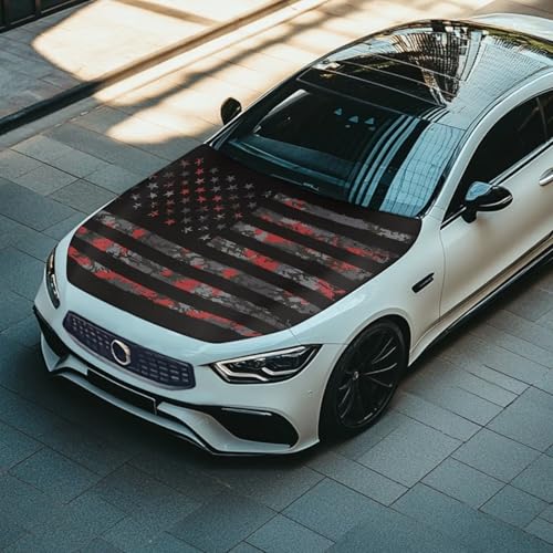 Image of Black American Flag Polyester Car Hood Cover, Universal Fit for Car, Truck, Van, SUV, Easy Installation, Waterproof, Elastic Fabric, Effortless Maintenance