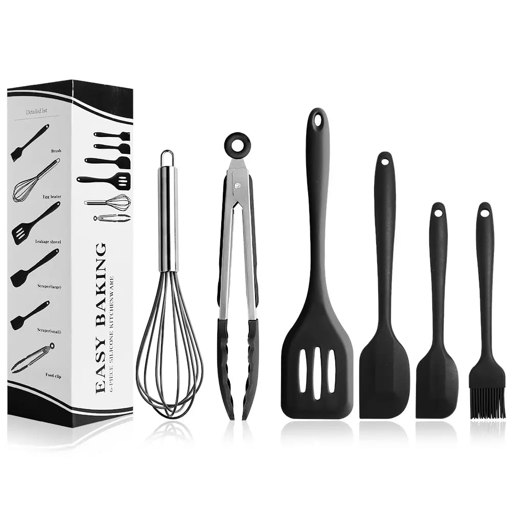 6-Piece Silicone Spatula Set – Heat Resistant, Non-Stick, Flexible, BPA-Free Kitchen Utensils for Cooking, Baking, Mixing & Icing with Seamless One-Piece Design – Black