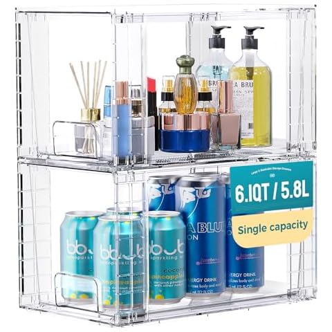 oylik 2 Pack Large Stackable Storage Drawers, Clear Acrylic Organizer with Handles, BPA Free Food Storage Containers, Snack, Fruit, Drinks, Makeup, Office and School Supplies Organization Cover