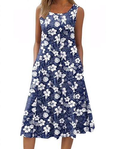 Image of HOTOUCH Summer Casual Dresses for Women Sleeveless Midi Dress Swing Tank Sundress Pleated Tshirt Dress with Pockets
