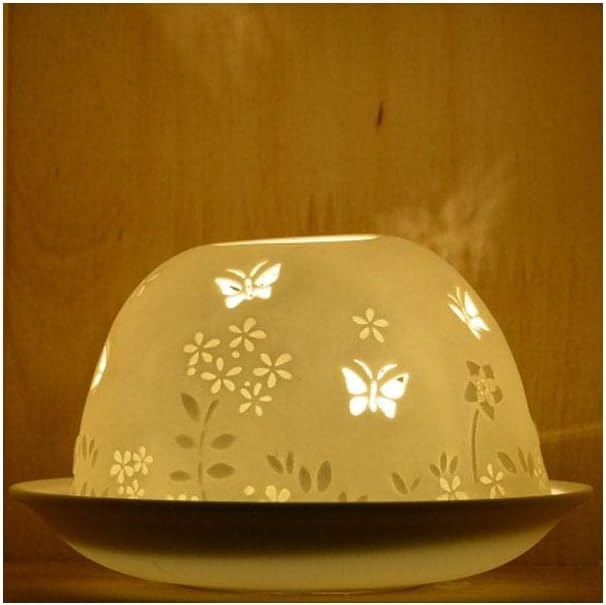 Nordic Light Tealight Candle Holder, Set of Shade & Plate, Stencil Butterfly Living, Dining Room Table, Home Decor Accessories-Porcelain-One Size, 9x9x9cm