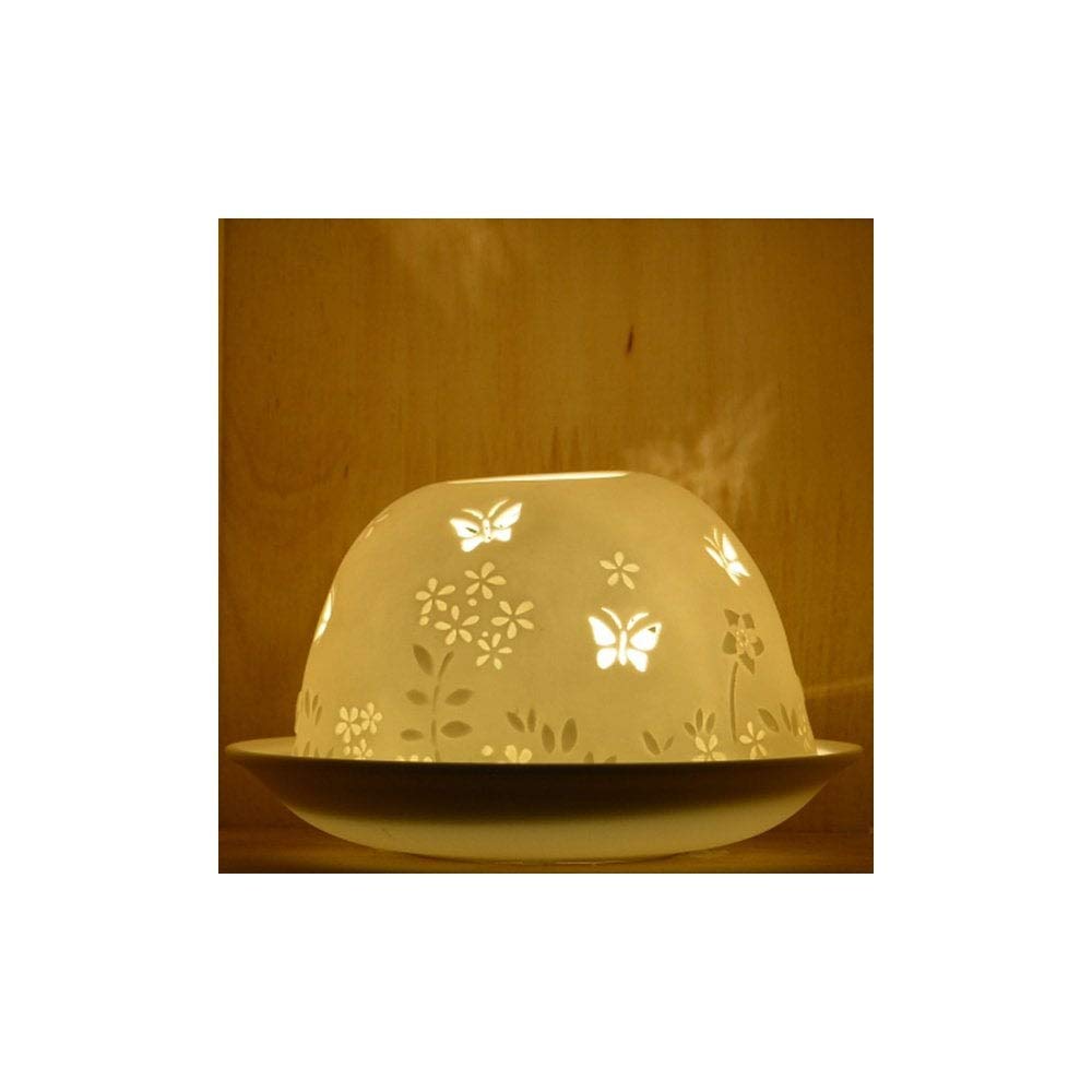 Nordic Light Tealight Candle Holder, Set of Shade & Plate, Stencil Butterfly Living, Dining Room Table, Home Decor Accessories-Porcelain-One Size, 9x9x9cm