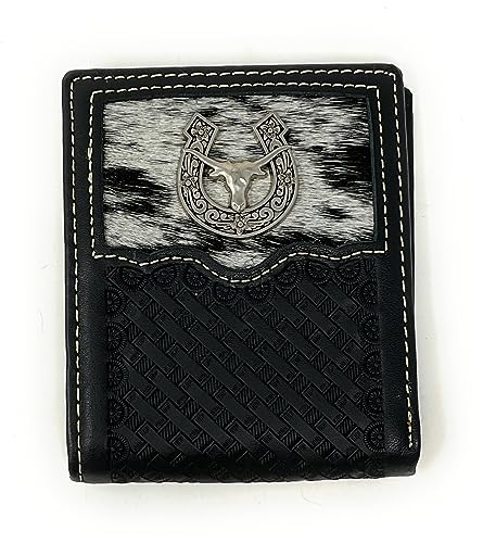 Texas West Western Genuine Leather Cowhide Cow Fur Longhorn Basketweave Mens Bifold Short Wallet in 2 colors