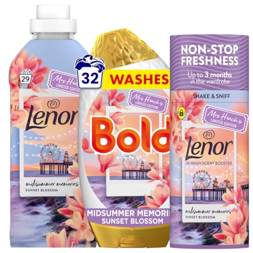 Bold & Lenor Laundry Bundle 3-Piece Bundle Set Midsummer Memories Sunset Blossom 32 Wash Liquid Gel Detergent 29 Wash Fabric Conditioner & 155g Scent Booster Long Lasting Fresh Fragrance