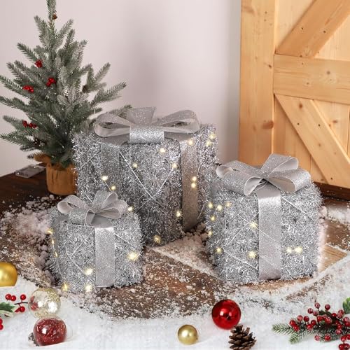 GAOMON Christmas Lighted Gift Boxes Set of 3, Battery Operated Light Up Present Box, Xmas Under Tree Decor, Different Sizes Pre-Lit Gift Boxes with Bowknot for Outdoor Indoor Christmas Decor, Silver