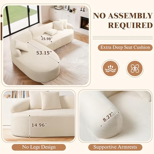 Image of 99 inch Curved Sectional Sofa, Beige, Left Chaise+Right Sofa | Modern Boneless Couch, Deep Seat, L Shaped 3-Seater Cloud Couch, No Assembly Needed, Chenille
