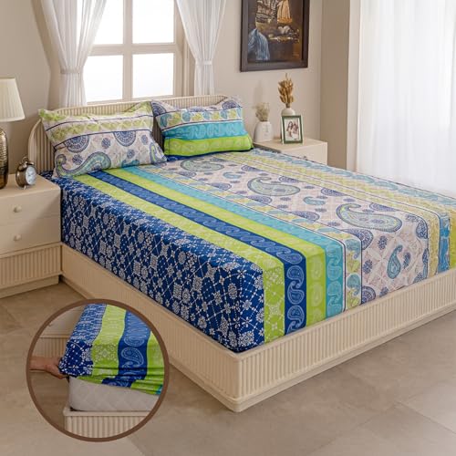 Image of Swayam 100% Cotton King Fitted Bedsheet with 2 Pillow Covers | Size 72 x 78 x 10 inch | 144 TC | Ethnic Motifs Design | Soft Breathable Bed Sheet | Comfortable & Durable for Bedroom - Multicolor