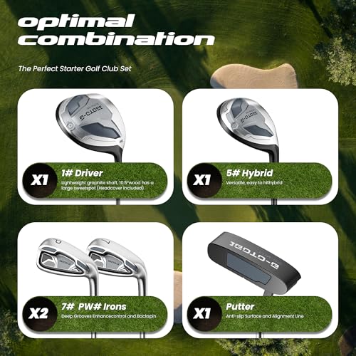 Image of 7 Pieces Golf Clubs Set for Men - Complete Mens Golf Clubs Full Set Left Handed Includes Stand Bag with Rain Hood, 1# Driver, 5# Hybrid, 7# PW# Irons and Putter