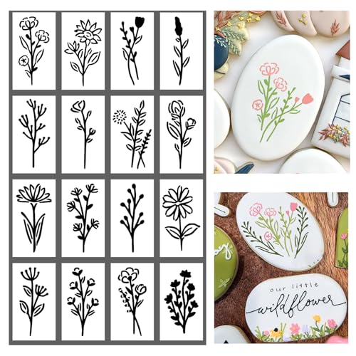 16Pcs Scroll Tile Small Wildflower Flower Cookie Stencils for Baking, Royal Icing, Sugar Cookie, Art Cards Decorating Tools ?