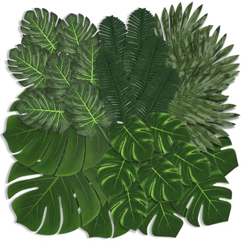 Opvixi Palm Leaves, 108 Pcs 6 Kinds Artificial Palm Leaves Monstera Tropical Leaves Decor, Green...