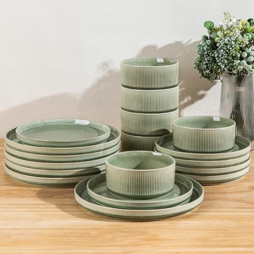 Image of GBHOME Stoneware Dinnerware Sets for 8,Round Reactive Glaze Ceramic Plates and Bowls Set,Highly Scratch Resistant | Dishwasher & Microwave Safe Dishes Set,Service for 8(24pcs),Light Green