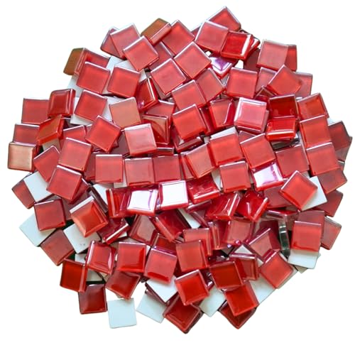 Yuvori Telhas de mosaico de vidro quadrado iridescente, 0,6 polegadas, 1 libra, bricolage, molduras de fotos, banheiras, porta-copos, vasos, decoração de interiores (vermelho)