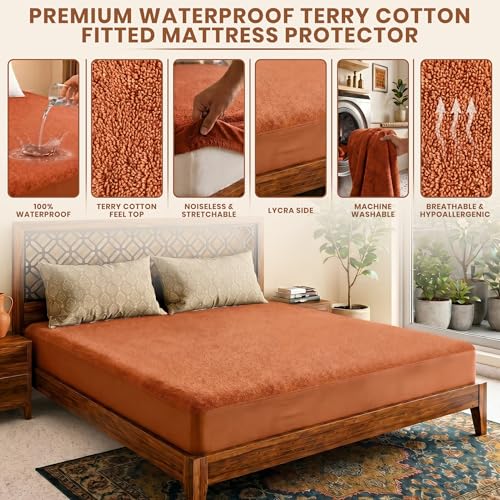 Image of Lithara Terry Cotton Fitted Mattress Protector for Queen /Double Bed | Waterproof & Elastic Band | Ultra Soft & Hypoallergenic Mattress Cover | Size : 75 x 60 Inches (6.25 x 5 Feet) | (Golden)