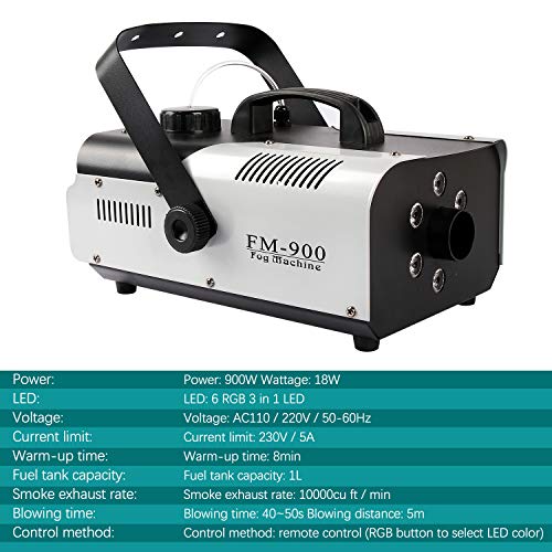 Wodesid 900W Fog Machine 6 LED Stage Smoke Machine Fogger Wireless Remote Controller for Wedding Theater Halloween Club DJ Celebration Party Weddings Stage Light Effect (900W)