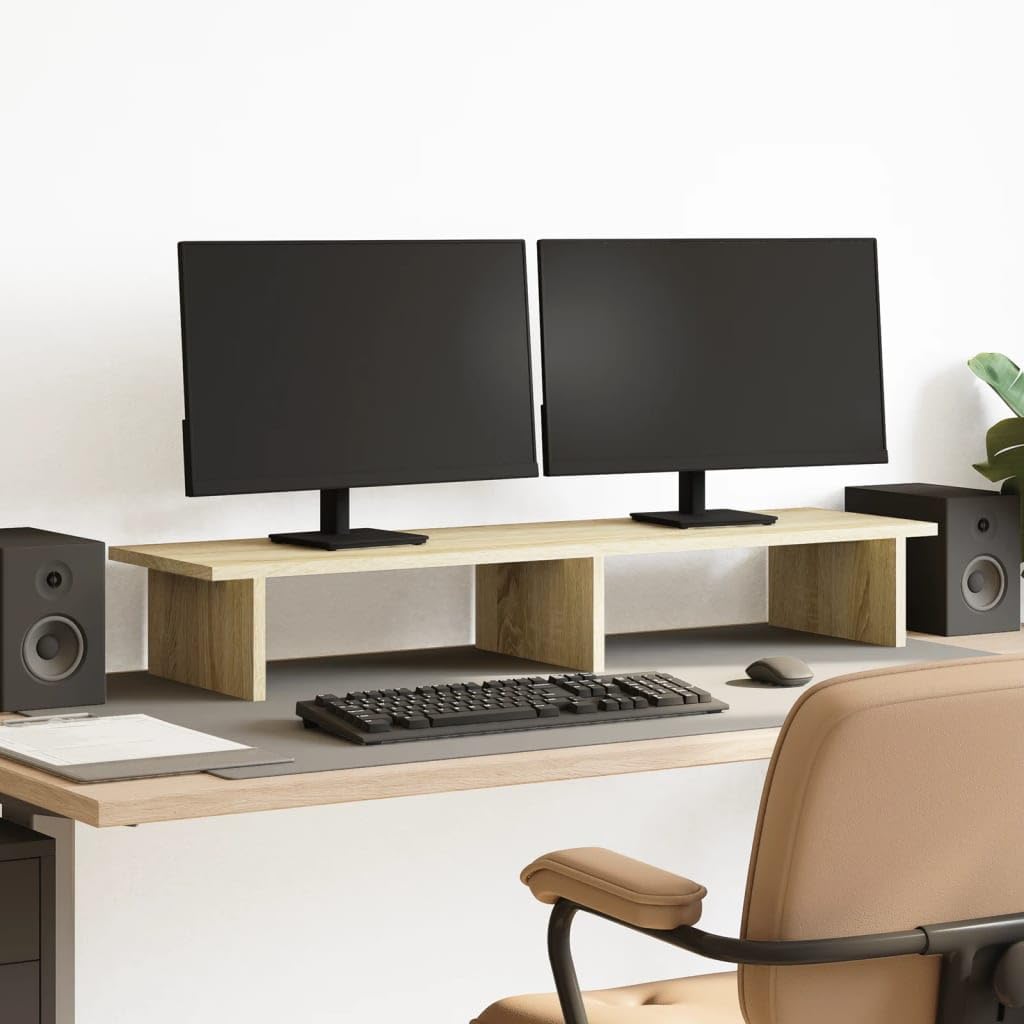 Supporto per monitor in rovere Sonoma 100 x 27 x 15 cm, per due monitor, portata 20 kg, con ripiano per laptop e tastiera, per ufficio e casa