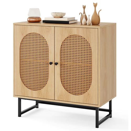 KOMFOTTEU Credenza Alta con 2 Ante in Rattan, Armadio a Buffet con Ripiani Regolabili e Antiribaltamento, Mobile Dispensa in Legno, per Soggiorno, Sala da Pranzo, 80 x 40 x 81,5, Naturale