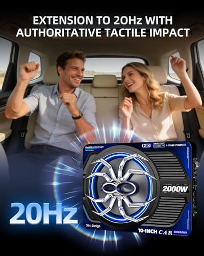 Image of 2000W 10 Inch Underseat Car Subwoofer and Amp Package, Slim Powered Under Seat Sub with Built-in Class D Amp and DSP, Blue LED Switch, Low Pass Filter, Bass Boost for Truck SUV