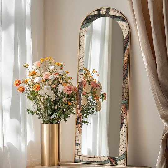 Specchio da pavimento con mosaico toscano da 63,5 x 160 cm (larghezza x altezza), specchio da pavimento rustico a mosaico ad arco con cornice nera e cornice dorata