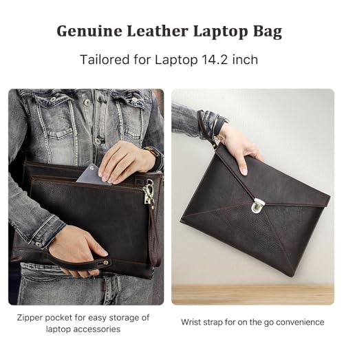 Image of CONTACTS Full Grain Leather 14.2 inch Laptop Sleeve with Lock Slim Briefcase Laptop Case 14.6 inchx 10.6 inch Document Bag Mens Envelope Bag