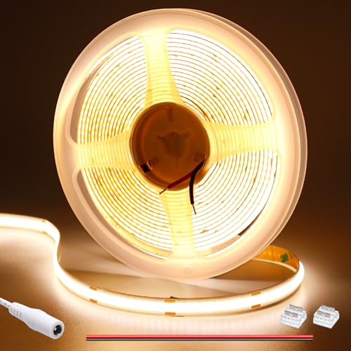GOMING 12V COB Ruban LED Blanc Chaud 3000K 312LED/M 5M 11W/M CRI 93+ Haute Luminosité Non étanche Découpable Bande LED pour Maison Chambre Cuisine Décorer(Sans Alimentation)