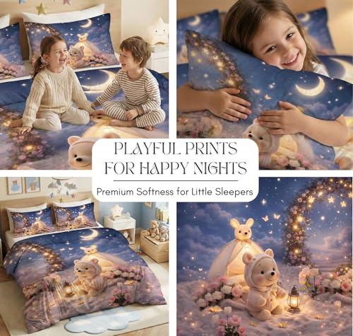 Image of HOMEKART Kids Cloud Cotton Bedsheet Double Bed | 210 TC Cartoon Printed Bedding Set with 2 Pillow Covers 7D | Soft, Wrinkle-Free | 108 x 108 Inches (Teddy Bear Moonlight)