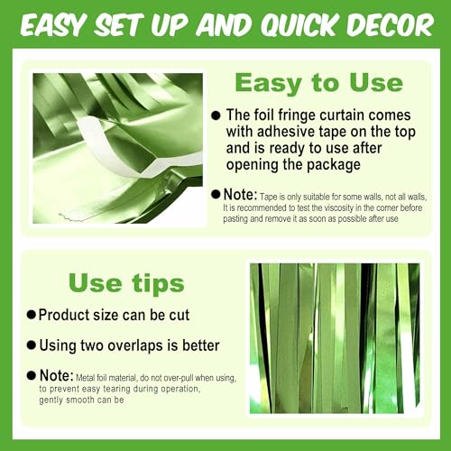 Image of 3 Pack Light Green Foil Fringe Curtains Backdrop, 3.28 x 9.8 Ft Metallic Streamers Tinsel Curtains Background for Photo Booth, Birthday, Halloween, Christmas, Thanksgiving, New Year Party Decorations