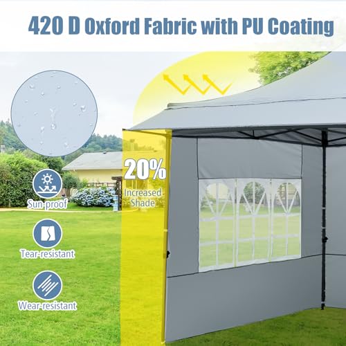 Image of Tangkula 10x10 FT Pop Up Canopy, Outdoor Tent with 3 Sidewalls & Awning, Wheeled Bag, 4 Sandbags, 8 Stake, 4 Ropes, Portable Canopy Tent for Party Picnic Event Beach Camping (Gray)