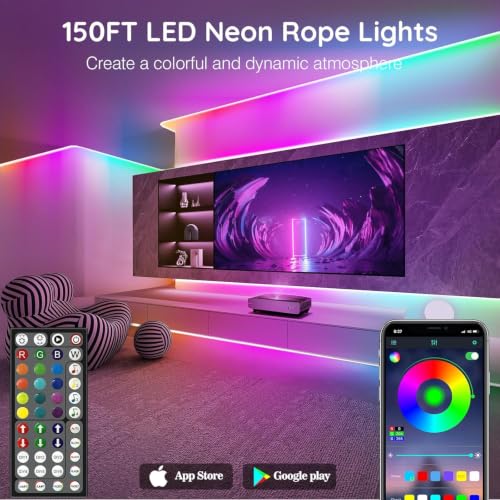 Image of SINLEY Led Neon Rope Lights Control with App /Remote,Flexible Led Rope Lights,Multiple Modes,IP68 Outdoor RGB Neon Lights Waterproof,Music Sync Gaming Led Strip Lights for Bedroom Indoor (150FT)