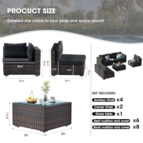 Grezone-Patio-Furniture-Set-7-Piece-Outdoor-Wicker-Sectional-Sofa-All-Weather-High-Backrest-PE-Rattan-Couch-Conversation-Set-with-Cushion-Glass-Top-Table-for-Backyard-Deck-Porch-Black Grezone Patio Furniture Set 7 Piece Outdoor Wicker Sectional Sofa All Weather High Backrest PE Rattan Couch Conversation Set with Cushion Glass Top Table for Backyard Deck Porch Black