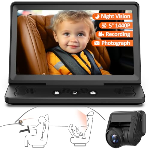 Image of ZGZUXO 7” Baby Car Camera HD 1440P Recording, 5” Screen Baby Car Monitor with Full-Color Night Vision Camera, Infant Safety Baby Car Mirror Rear Facing for Backseat, Wide Clear View, Easy Installation
