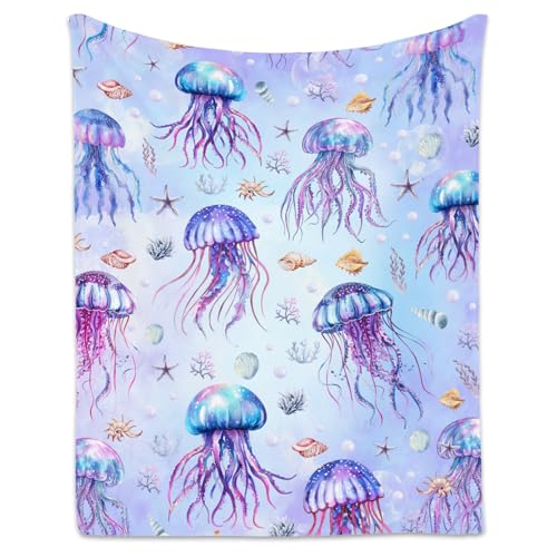 Jellyfish Blanket for Women, Cute Soft Gifts for Ocean Lovers, Cozy Flannel Throw for Bed Living Room, 60"x80"