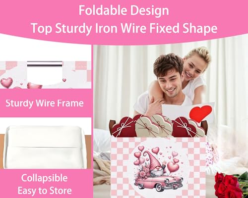 Image of Valentines Day Basket Large Foldable Heart Shaped Storage Box for Gifts Kids Empty Storage Bins Rectangular Toy Organizer Decor (Pink Gnome Car)
