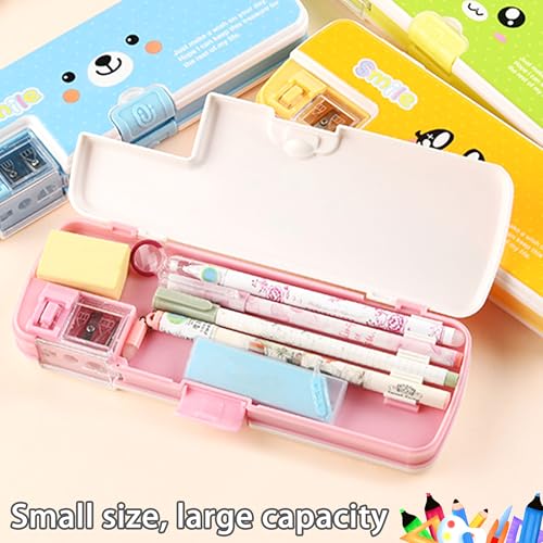 Image of Double Layer Pencil Case, Plastic Pencil Boxes with Pencil Sharpener, Cute Pen Box Organizer for Pencils, Erasers, Paper Clips, School Supplies, Best Birthday Gifts for Kids Teens(Pink)