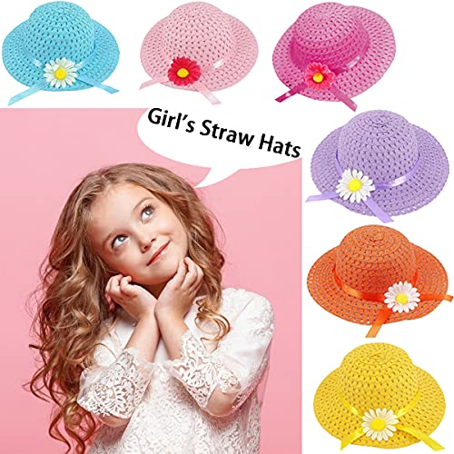 AIYUENCICI Tea Party Straw Hat 6 Girls Hats with Bracelet for Kids Dress Up Party Supplies3